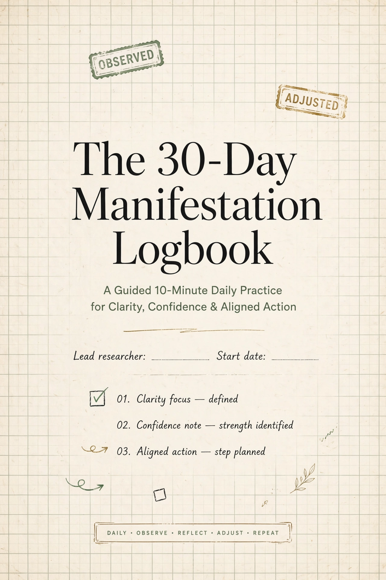 Cover of The 30-Day Manifestation Logbook: a field-notebook design on graph paper with the stamps 'Observed' and 'Adjusted', a checklist — clarity focus defined, confidence note, aligned action — and the words 'Daily · Observe · Reflect · Adjust · Repeat'