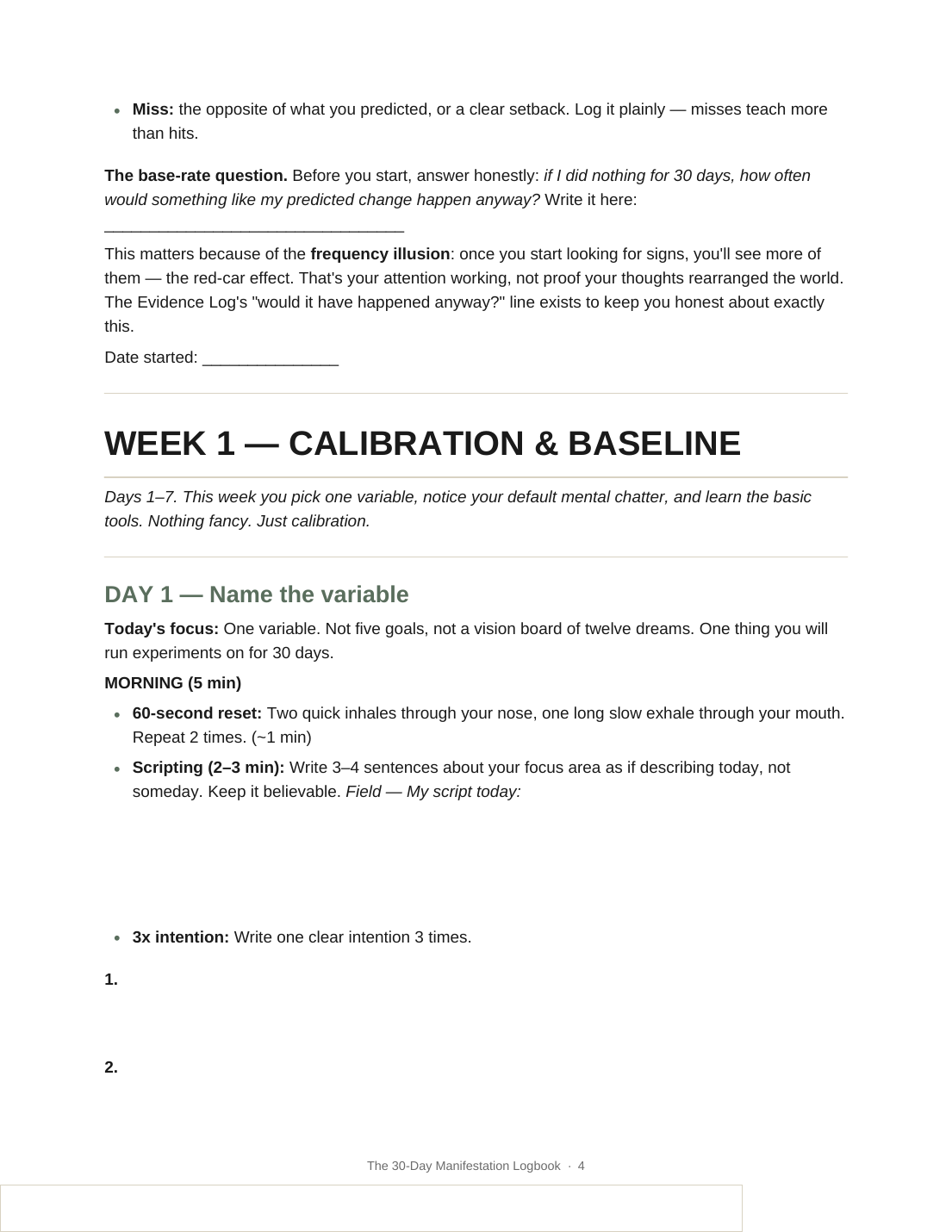 Page 4 of the Guided Journal: the Hit / Partial / Neutral / Miss scoring guide, the base-rate question, a note explaining the frequency illusion, then 'Week 1 — Calibration & Baseline' and Day 1, 'Name the variable', with the morning routine — 60-second reset, scripting, and the 3x intention fields