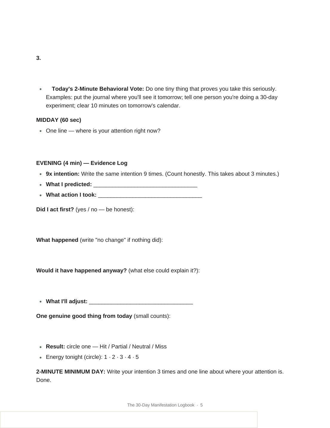 Page 5 of the Guided Journal: Day 1 continued — a 2-minute behavioral vote, the 60-second midday check-in, and the evening Evidence Log with fields for prediction, action taken, 'Did I act first?', 'What happened', 'Would it have happened anyway?', an adjustment for tomorrow, one genuine good thing, and the result score: Hit / Partial / Neutral / Miss